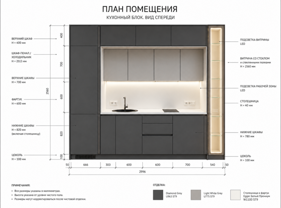 Projekta izmēri - BONAVA virtuve mūsdienīgā stilā
