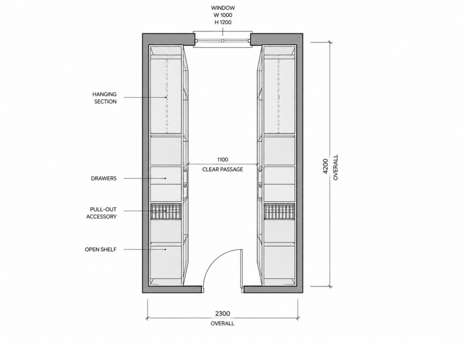 Telpas plāns - Garderobe ar divpusēju uzglabāšanas sistēmu