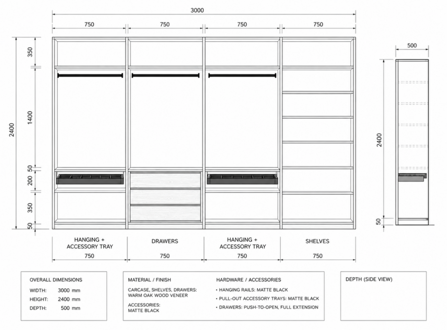 Projekta ideja - Garderobe ar divpusēju uzglabāšanas sistēmu