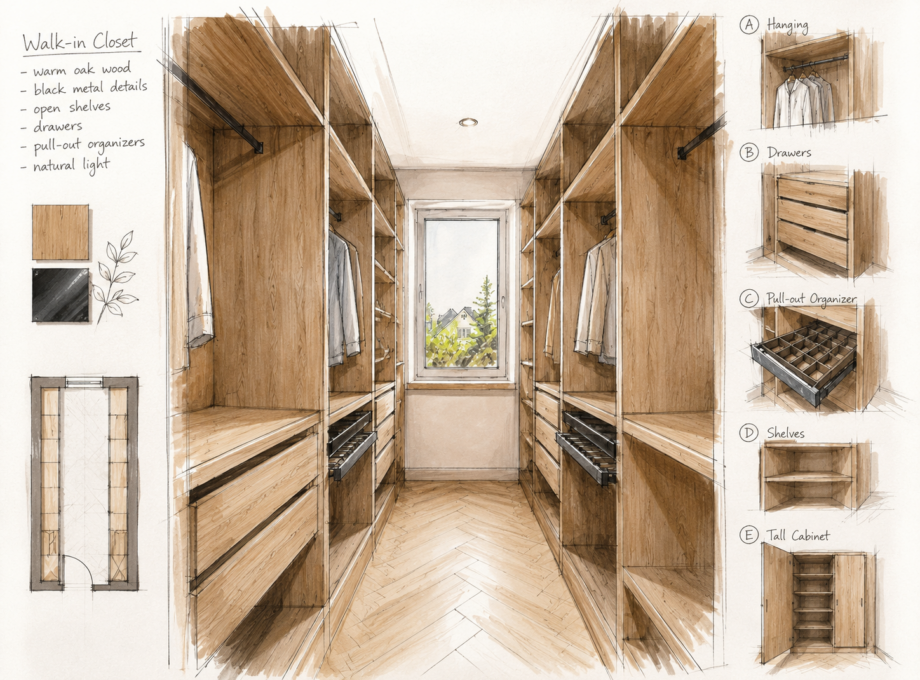 Projekta ideja - Garderobe ar divpusēju uzglabāšanas sistēmu