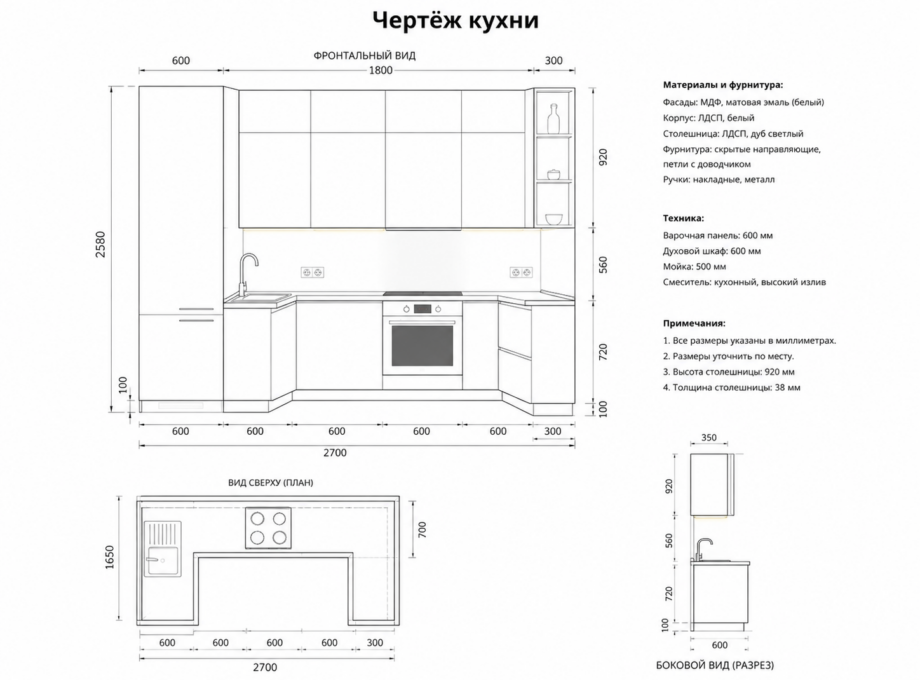 Projekta izmēri - Kompakta U veida virtuve ar fasādēm līdz griestiem